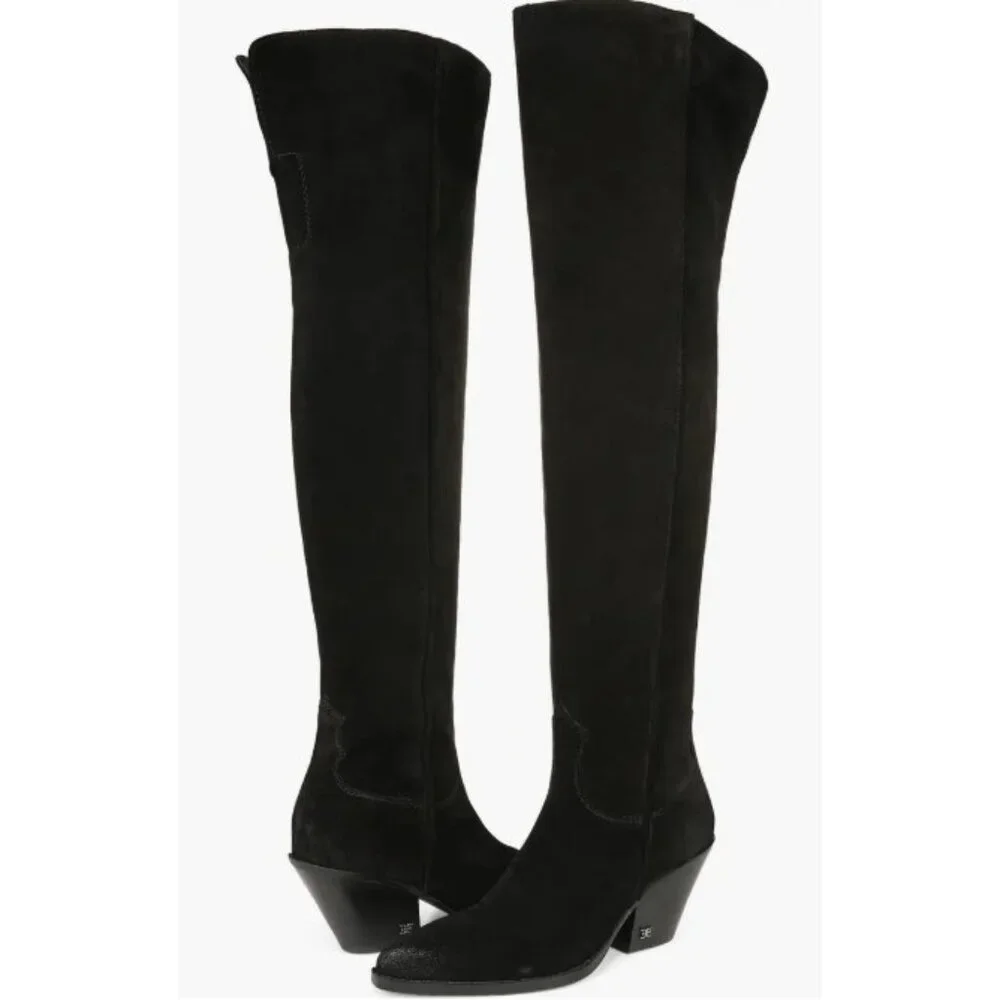 Sam Edelman Julee Pointe Toe Black Suede Leather Over The Knee Boots SZ 8 NEW